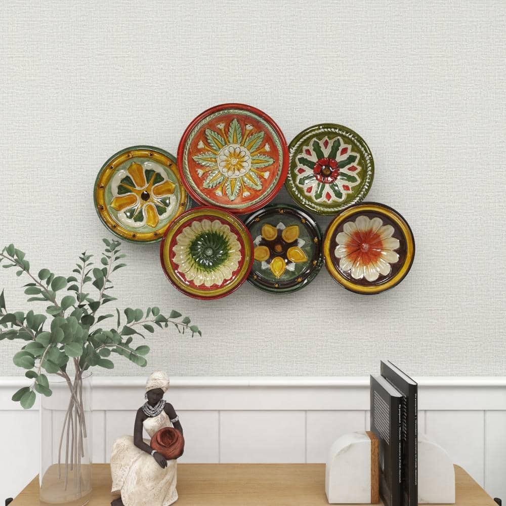 Rustic Floral Metal Wall Sculpture with Multi-Colored Plates, 31"W x 19"H