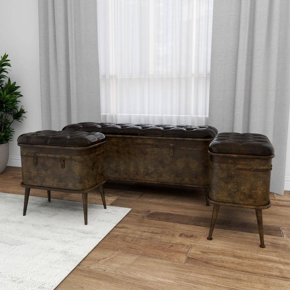 Brown Metal Storage Bench with Tufted Faux Leather Set