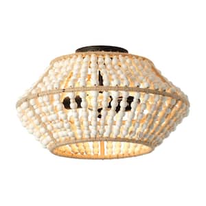 16 in. 2-Light Weathered White Wood Beads Flush Mount Empire Ceiling Chandelier