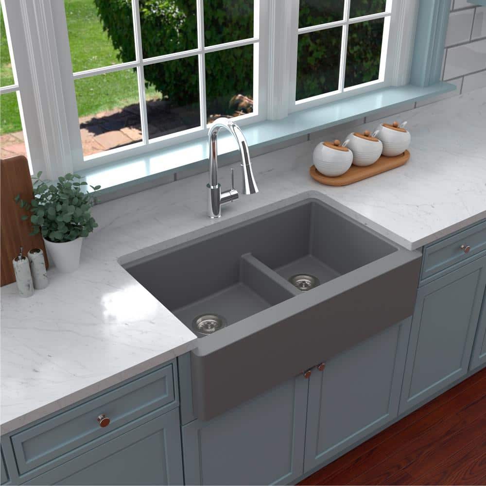 Gray Quartz 34'' Double Bowl Farmhouse Kitchen Sink Kit
