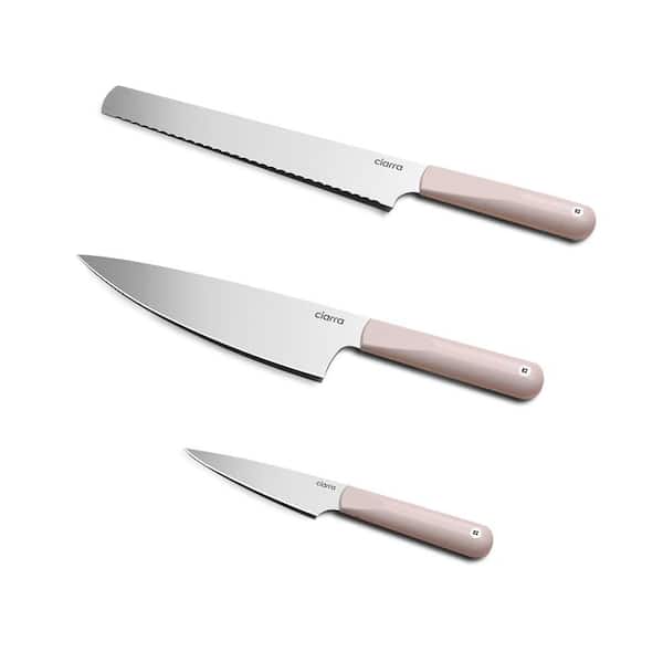 JEREMY CASS BigChef 3-Piece Stainless Steel Knife Set with Bread Knife, Chef Knife and Paring Knife, Ergonomic Handles in Pink