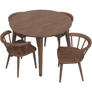 Elora 5-Piece Mid Century Modern Round 43 in. Walnut Top Dining Set with 4 Solid Wood Dining Chairs in Brown