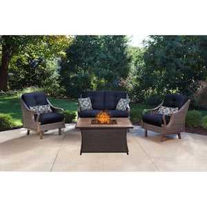 Ventura 4-Piece All-Weather Wicker Patio Conversation Set with Tile-Top Fire Pit with Navy Blue Cushions
