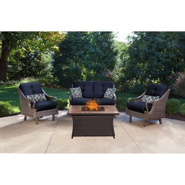 Hanover Ventura 4-Piece All-Weather Wicker Patio Conversation Set with Tile-Top Fire Pit with Navy Blue Cushions