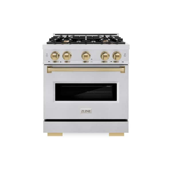 Autograph 30 in. Classic Dual Fuel Range with 4 Burner Gas Cooktop and Electric Oven in Satin Steel with Bronze Accents