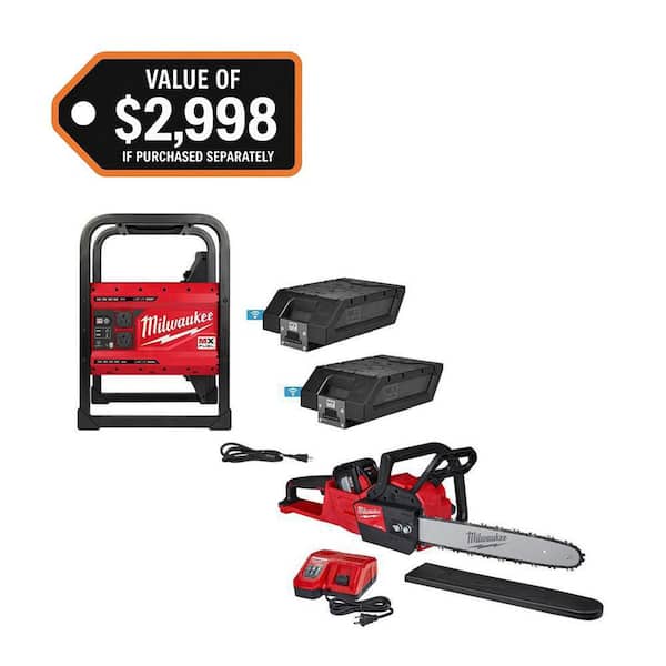 MX FUEL 3600-Watt/1800-Watt Lithium-Ion Push Start Portable Power Station Battery Generator & 16 in. Chainsaw Kit