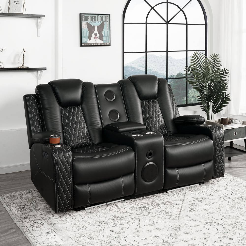 Black Faux Leather Reclining Loveseat with Cup Holders and LED Lights