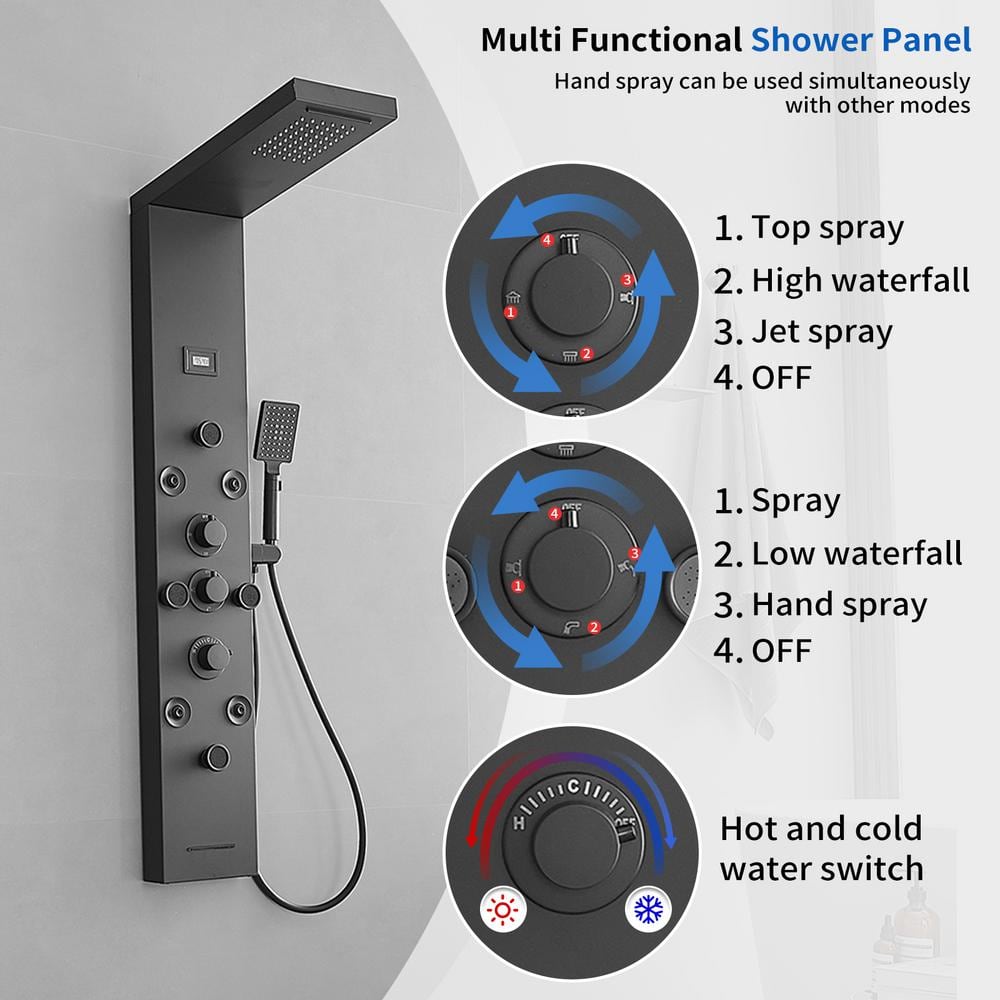 Black Stainless Steel 51.57'' Shower Panel with Rainfall and Waterfall Shower Heads