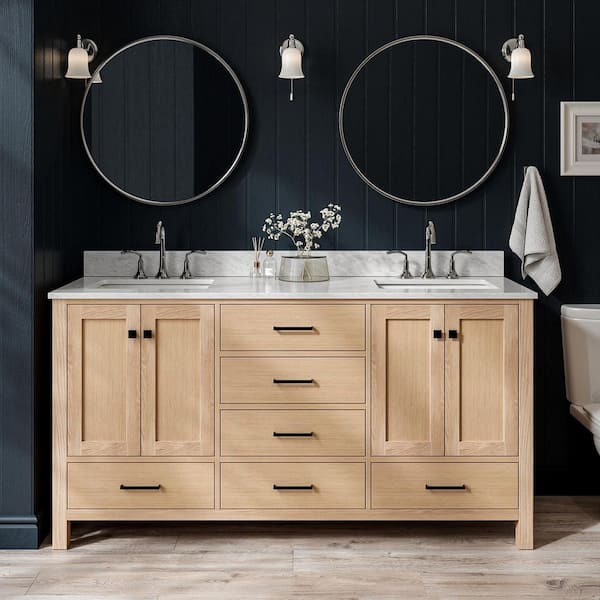 Cambridge 66 in. Double Sink Freestanding Bathroom Vanity in Oak with Carrara White Marble Top