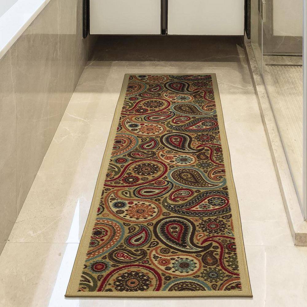 Contemporary Red and Beige Paisley Runner Rug with Non-Slip Backing