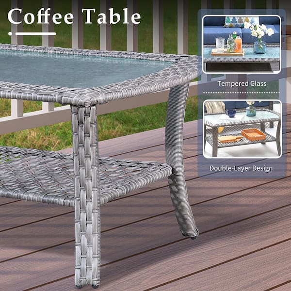 Toject - Denali Gray 4-Piece 4-Seat Wicker Modern Outdoor Patio Conversation Sofa Seating Set with Denim Blue Cushions