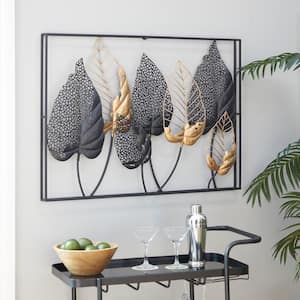 38 in. x  26 in. Metal Black Tall Cut-Out Leaf Wall Decor with Intricate Laser Cut Designs