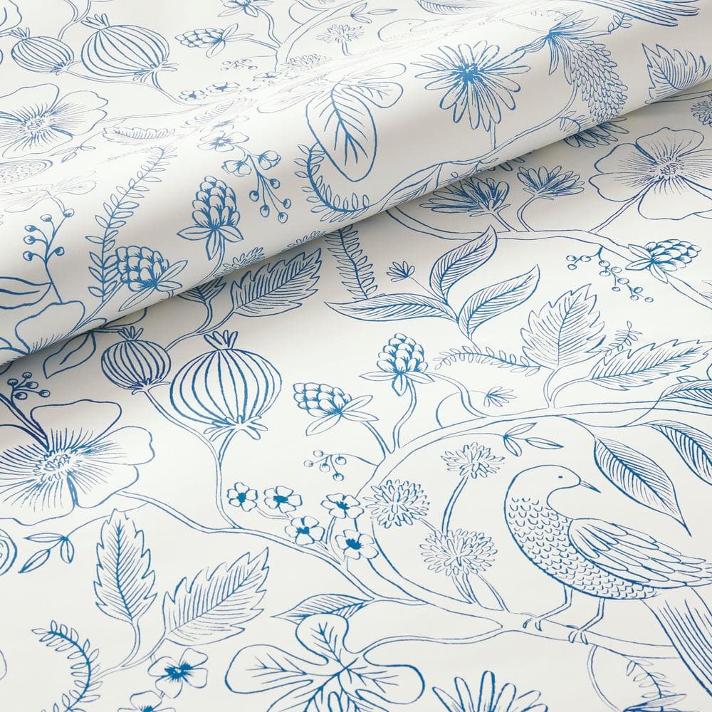 Blue and Cream Floral Botanical Peel and Stick Wallpaper Roll