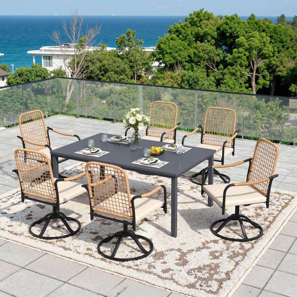 7-Piece Metal Outdoor Dining Set with 63 in. Gray Rectangular Table and 6 Swivel Wicker Chairs with Beige Cushions price history on PriceWatchPro