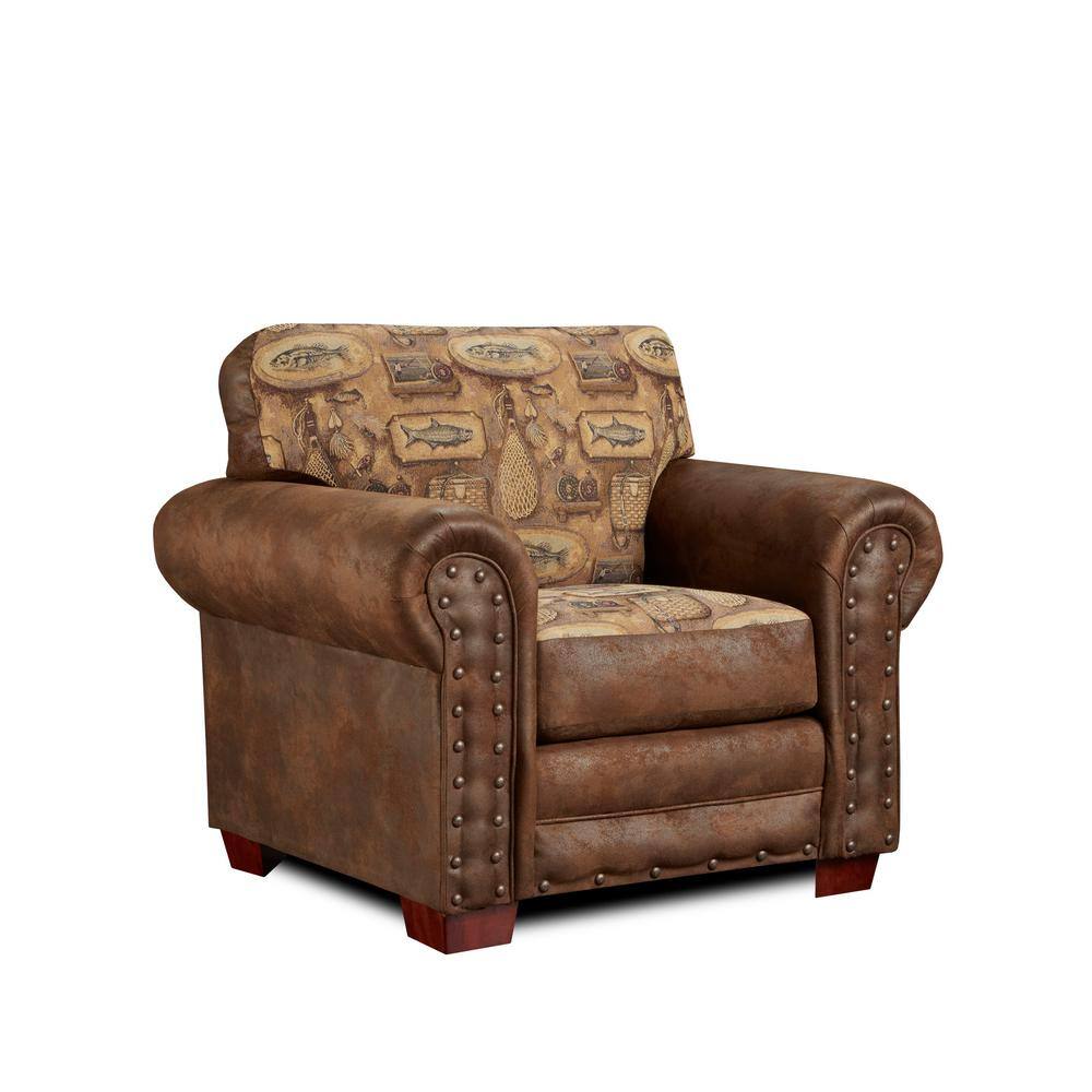 River Bend Lodge Oak Wood Accent Chair in Brown Microfiber
