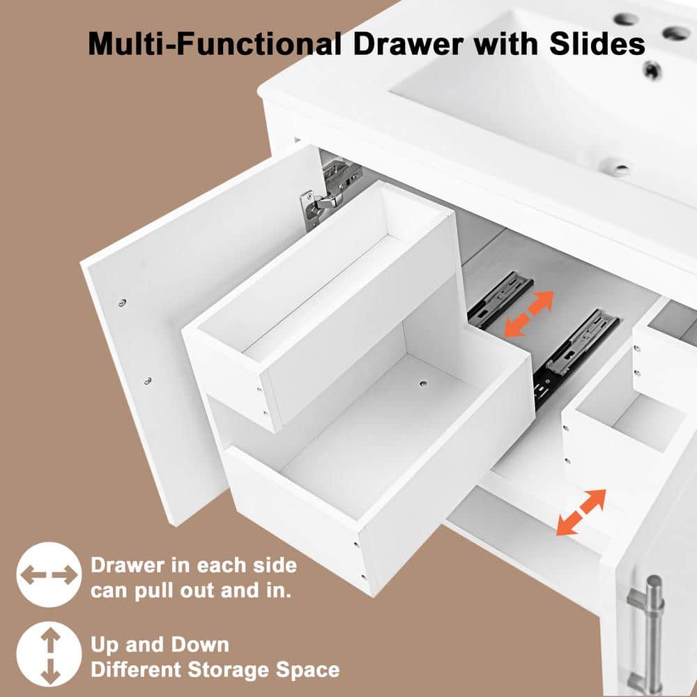 30" White Wood Freestanding Single Sink Bath Vanity with Ceramic Top