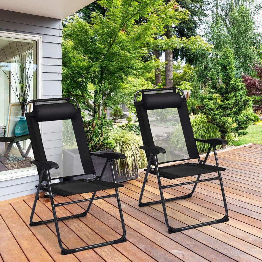 Black Adjustable Reclining Folding Patio Chairs with Headrests, Set of 4