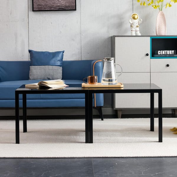 Set of 2 23.2 in. Modern Square Black Tempered Glass Coffee Tables and Black Metal Frame for Living Room