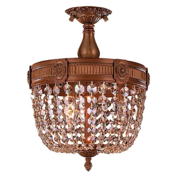 Worldwide Lighting Winchester Collection 3-Light French Gold and Golden Teak Crystal Semi-Flush Mount Ceiling Light
