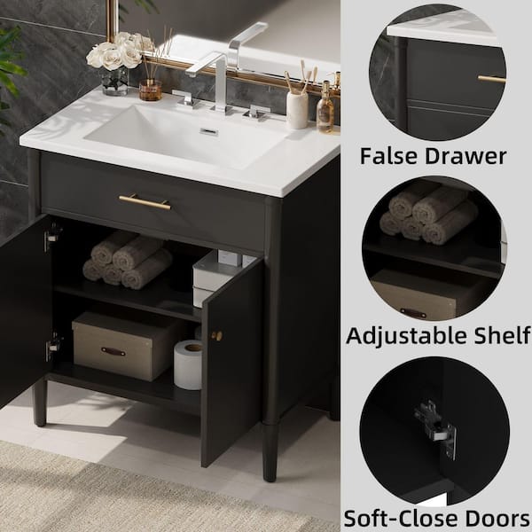 Villa 31 in. W Single Sink Freestanding Bath Vanity in Black with Integral White Ceramic Top and Basin Unassembled
