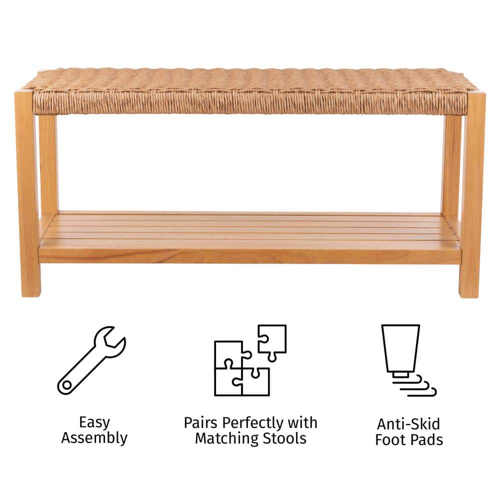 Newport 40-Inch Natural Wood Bench with Woven Rope Seat and Storage Shelf