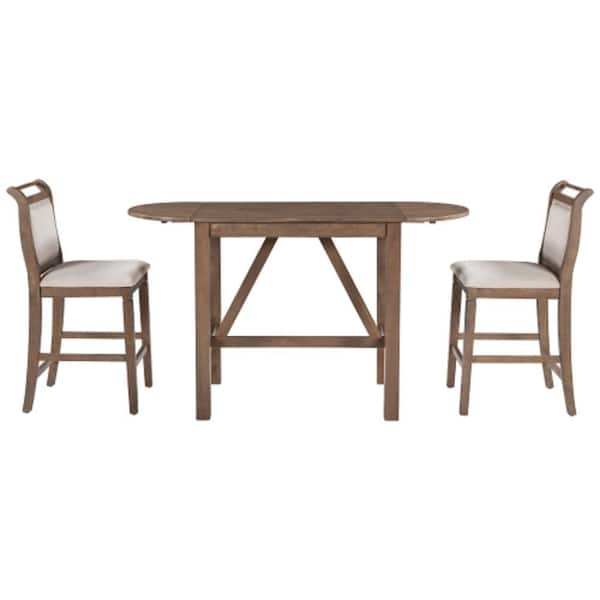 Unbranded Brown 3-Piece Wood Counter Height Drop Leaf Design Table Outdoor Dining Set Upholstered Chairs with Brown Cushion
