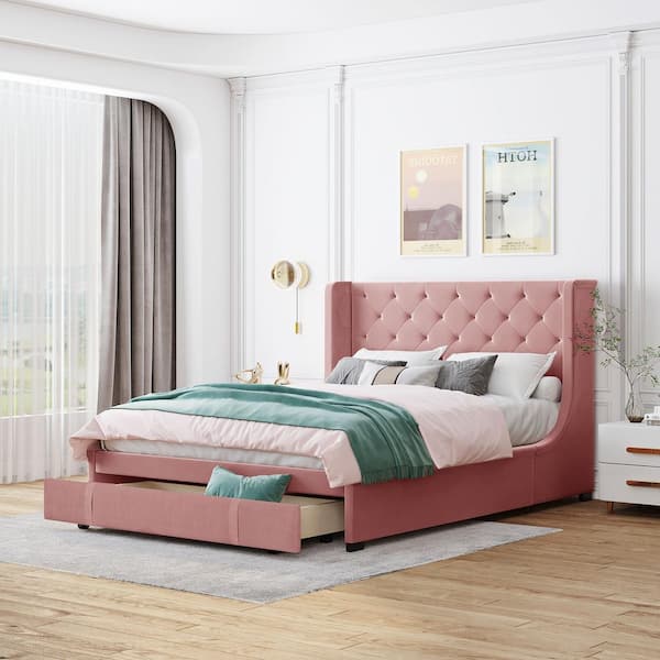 Harper & Bright Designs Pink Wood Frame Queen Storage Bed Velvet Upholstered Platform Bed with Wingback Headboard and Drawer