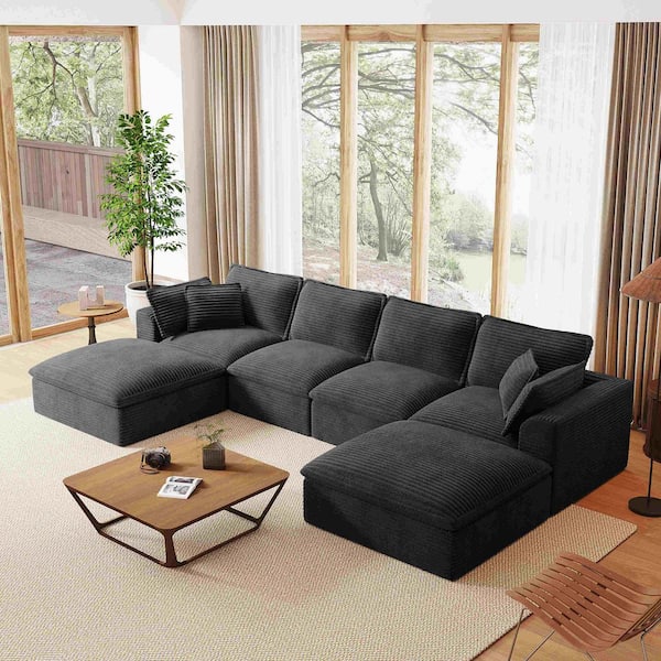142 in. Square Arm Chenille Sectional Sofa with Ottomans, Extra Width&Depth Cloud Like Soft Cushion in. Black