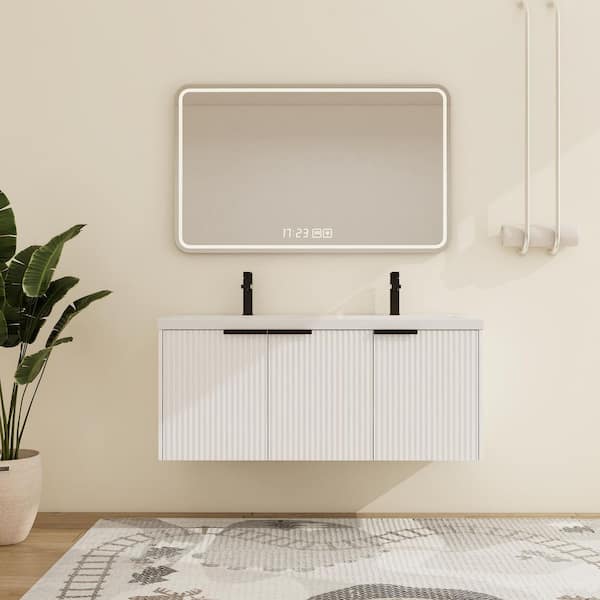 47.6 in. W x 18.3 in. D x 20.6 in. H Wall Mounted Double White Bath Vanity with White Resin Top