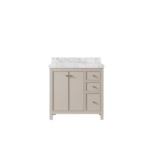 Willow Collections Chicago 36 in. Left Offset Sink Freestanding Fine Grain Bath Vanity with Carrara Marble Top