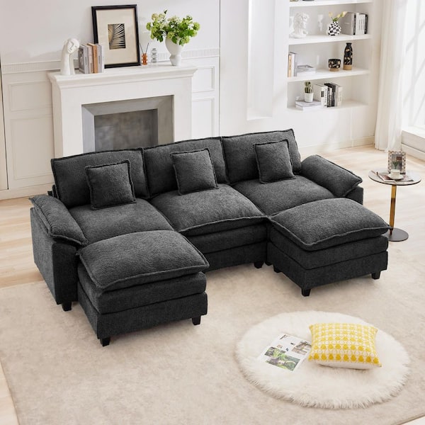 JEAREY 105.9 in. Width Pillow Top Arm Chenille Fabric U-Shaped Sectional Sofa with 2-Ottomans for Living Room in Dark Gray