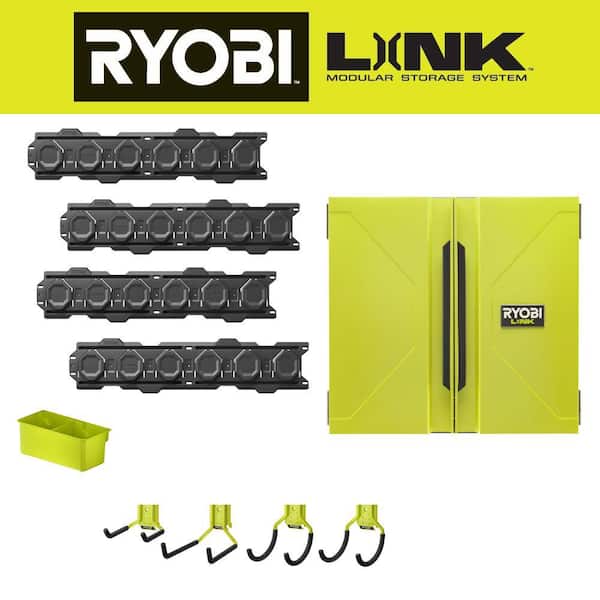 RYOBI LINK Wall Cabinet with LINK 7-Piece Wall Storage Kit and LINK (2-Pack) Of Wall Rails