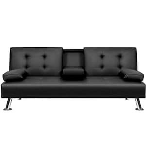 Black 66 in. Faux Leather Upholstered Convertible Folding Futon Sofa Bed 2 Cupholders