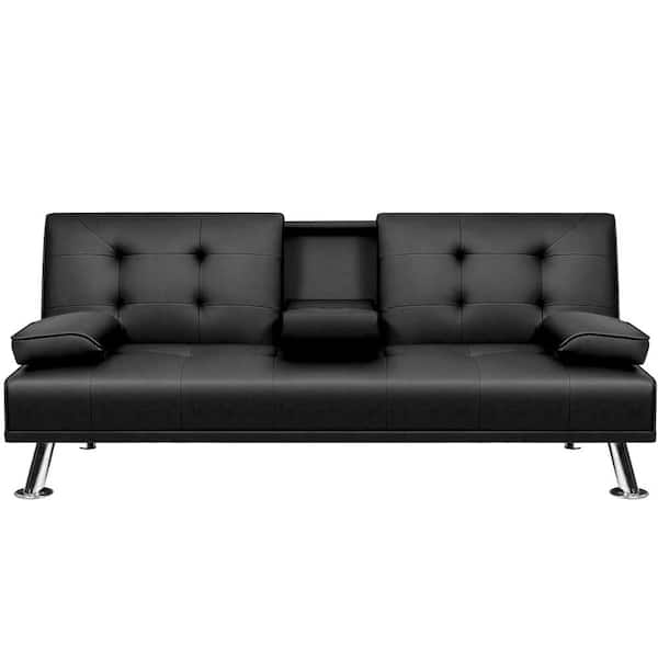 i live Ocean Grine LACOO Black 66 in. Faux Leather Upholstered Convertible Folding Futon Sofa  Bed 2 Cupholders T-FS203P00 - The Home Depot