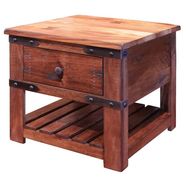 Benjara 27.25 in. Brown and Black Square Wood End Table with 1-Drawer and Shelf