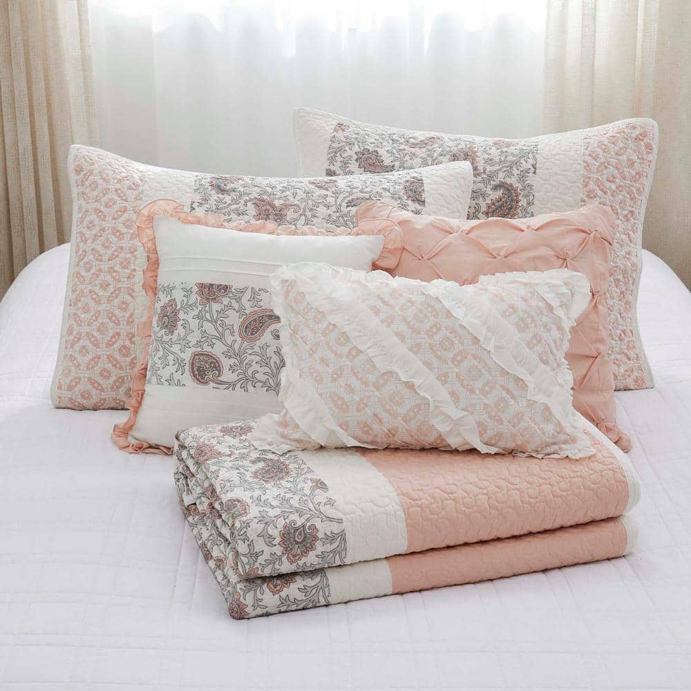 6-Piece Blush Full Cotton Percale Quilt Set Floral Print, Double Sided Stit