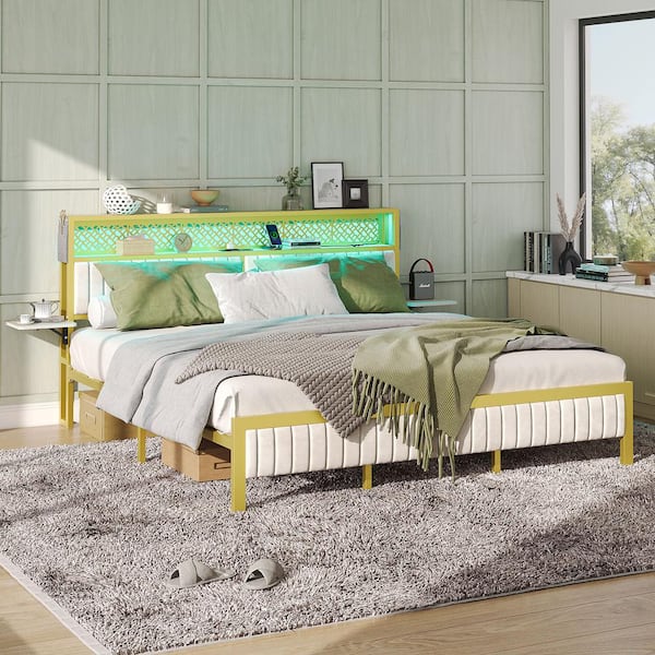 Bestier White Metal Frame Queen Size Platform Bed with Upholstered Storage Headboard Charge Station and Foldable Bedside Shelf