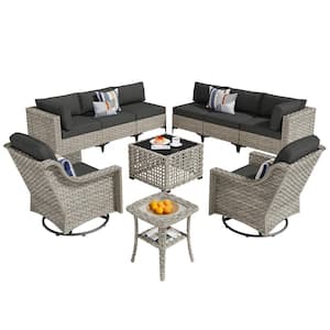 Thor 10-Piece Wicker Patio Conversation Seating Sofa Set with Black Cushions and Swivel Rocking Chairs