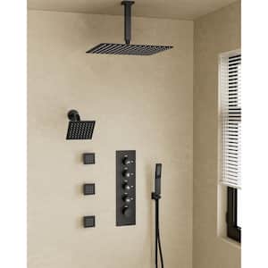 Thermostatic Valve 15-Spray 16 in. x 6 in. Ceiling Mount Dual Shower Head and Handheld Shower in Matte Black