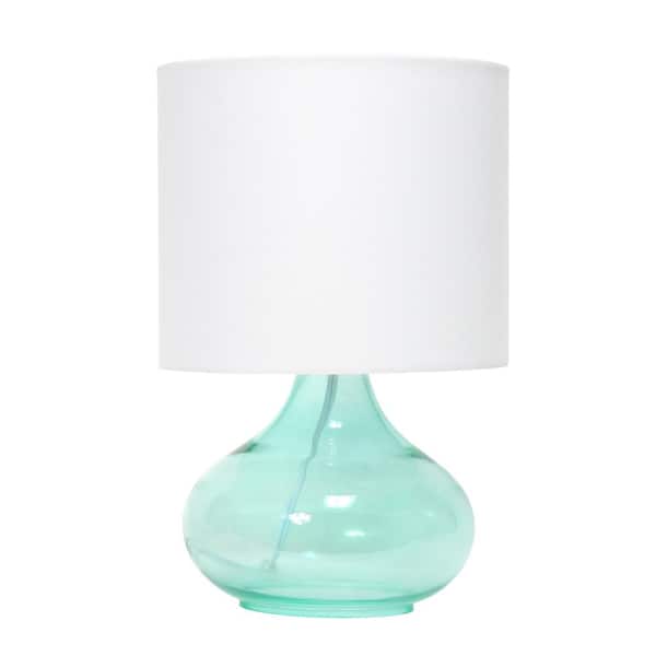 Simple Designs 13.75 in. Aqua/White Glass Raindrop Table Lamp with Fabric Shade