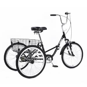 24-inch 3 Wheel Black Adult Folding Tricycles with Low Step-Through, Large Basket