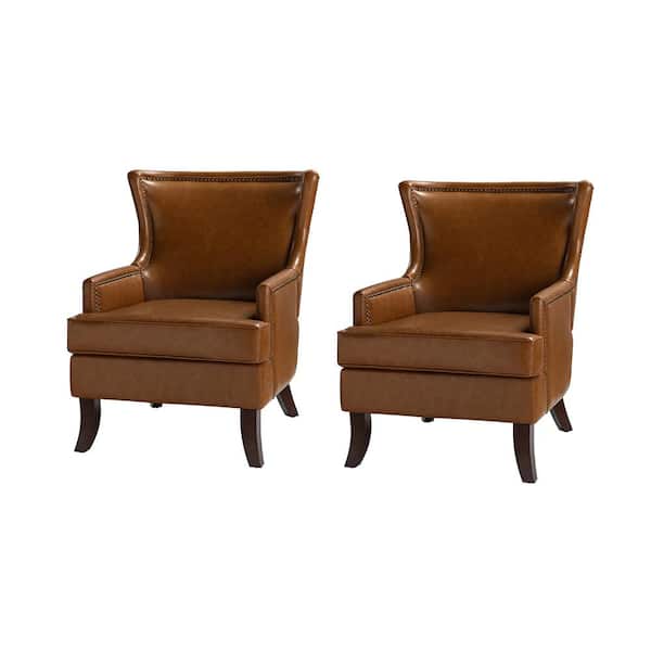JAYDEN CREATION Benito 30 in. Mid-Century Modern Camel Leather Arm Chair with Tapered Wooden Legs (Set of 2)