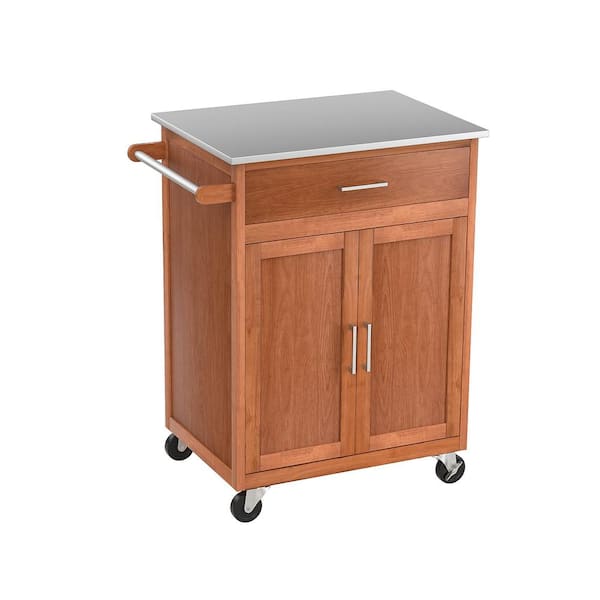Bunpeony Brown Wooden Kitchen Rolling Storage Kitchen Cart with Stainless Steel Top