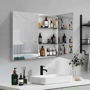 30 in. W x 26 in. H Large Square Framed Double Door Aluminum Wall mounted Bathroom Vanity Mirror in Silver