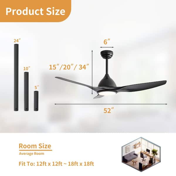 52 in. Integrated LED Indoor Downrod Mount Matte Black Standard Ceiling Fan with Dimmable Light and Remote 6-Speed
