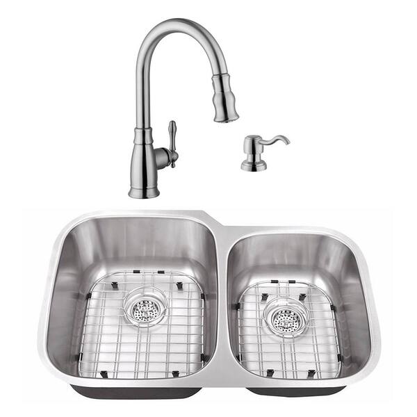 Cahaba Undermount Stainless Steel 32 in. 60/40 Double Bowl Kitchen Sink with Brushed Nickel Faucet