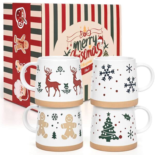 Numhew White Ceramic 14 oz. Christmas Coffee Mugs Set with Festive Christmas Themed Design (Set of 4)