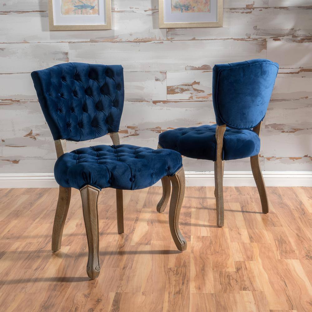 Navy Blue Velvet Upholstered Dining Side Chairs with Natural Rubberwood Legs