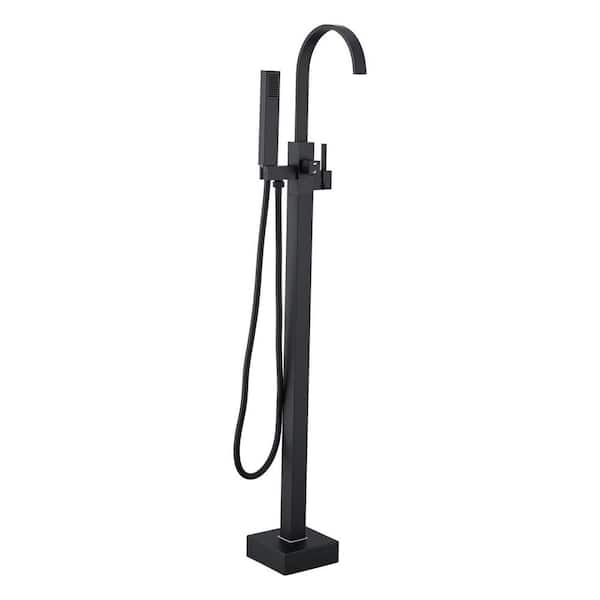 Mondawe Modern Round Single-Handle Freestanding Tub Faucet with Hand Shower Valve Included in Matte Black-R