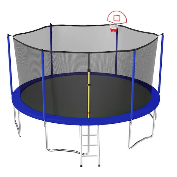 Unbranded 15 ft. Outdoor Trampoline with Basketball Hoop & Ball, Enclosure Net, Ladder for Kids & Adults for Garden, Blue